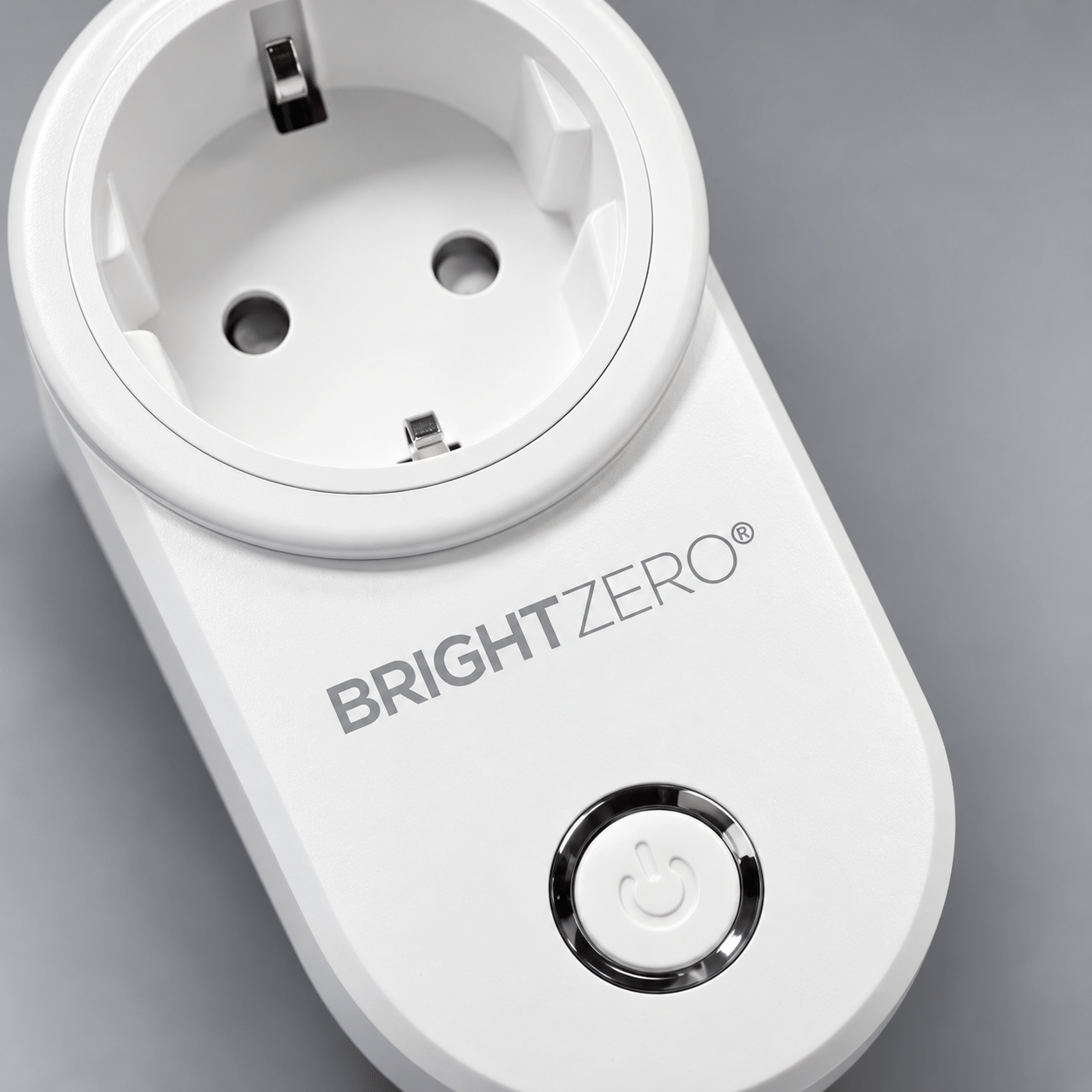 Close-up of the BrightZero socket, branding and power button.