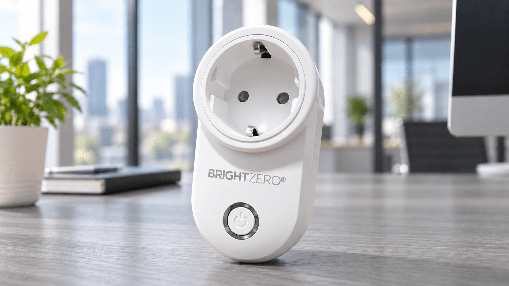 BrightZero Smart Plug on a gray office desk with its LED off