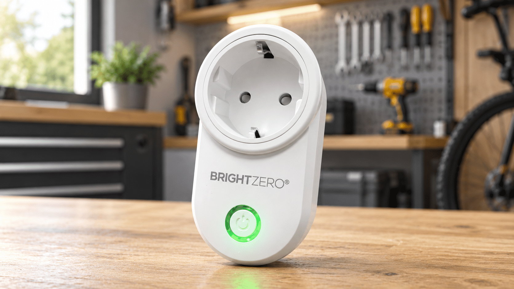 BrightZero Smart Plug displayed on a workbench in a tidy garage.