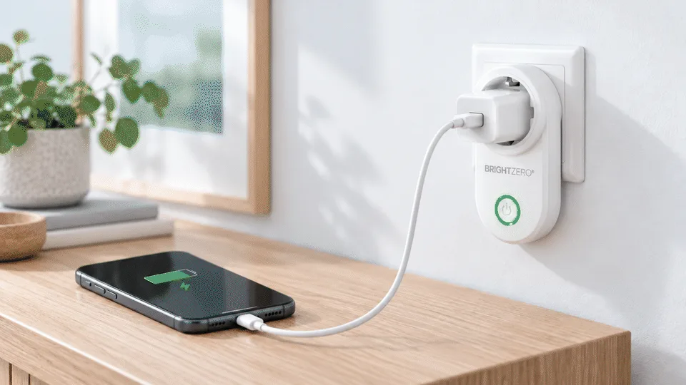 Animation showing BrightZero Smart Plug cutting power after charging a phone, Bluetooth speaker and drill battery; the green LED and charging indicators switch off.