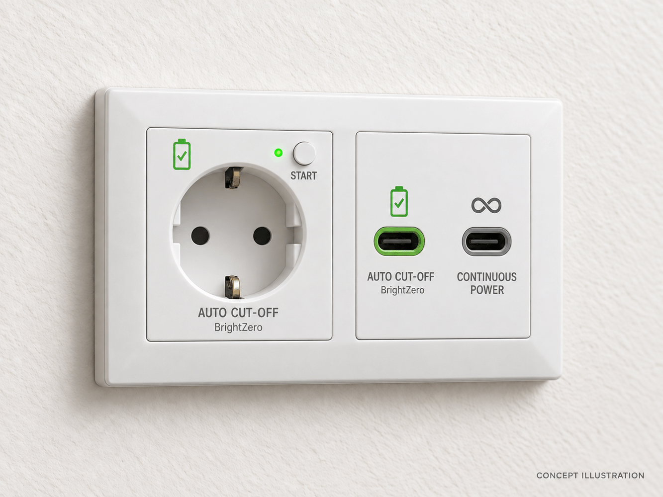 Socket outlet concept combining BrightZero AC and USB-C charging